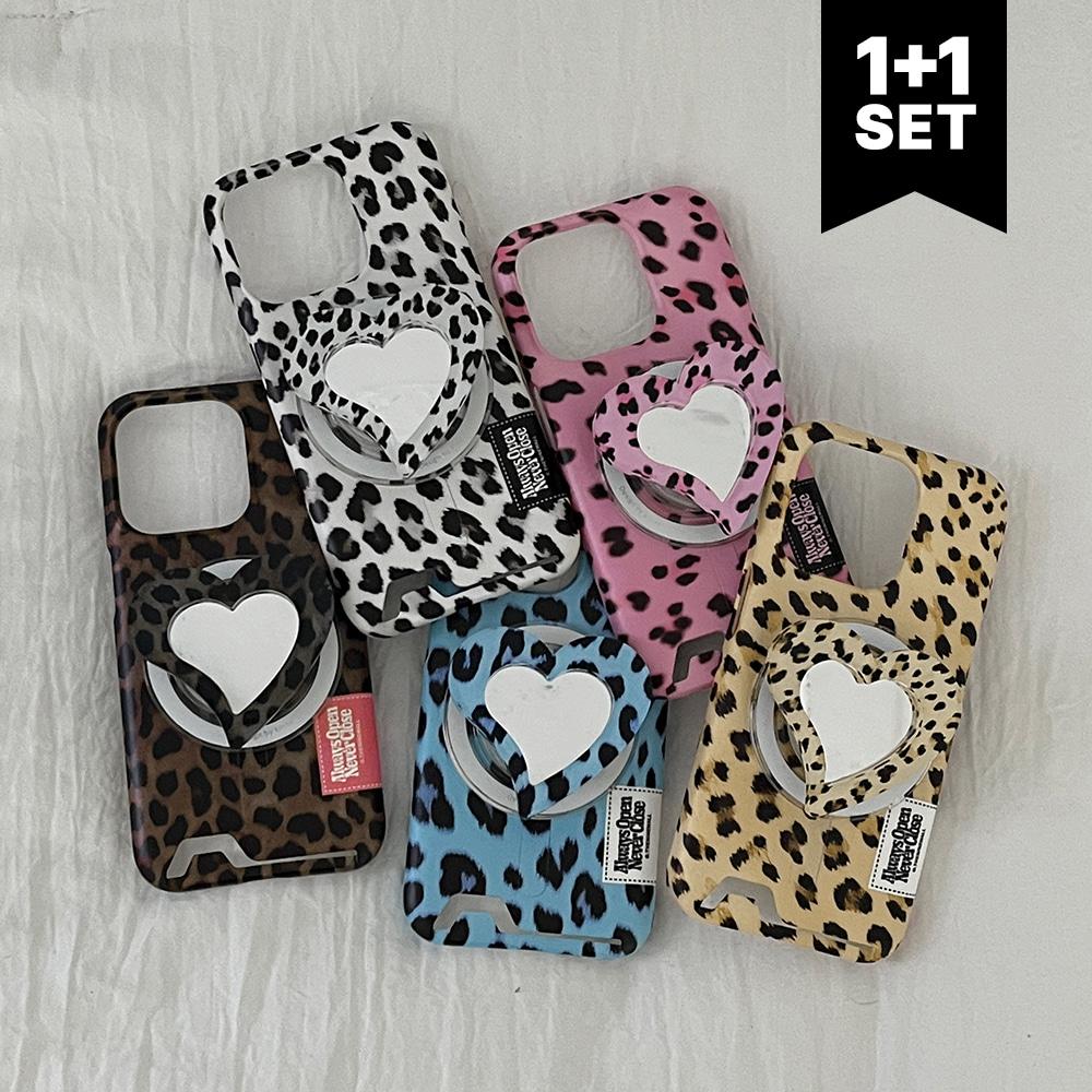 [1+1set] 플러피 레오파드 라벨 [맥세이프 카드수납 폰케이스+맥세이프 미러 스마트톡]