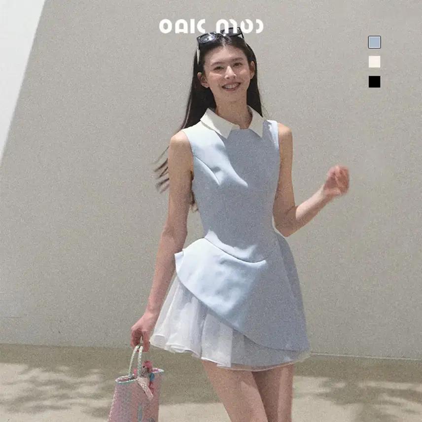 OAKMOO 원피스 튤 드레스 내추럴 컬리지 디태처블 칼라 미니 드레스