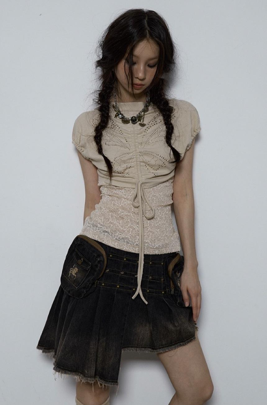 [예약 판매 10% 할인] NO ROMANCE Reversible Stitched Stretch Lace Knit Puff Sleeve Short Sleeve Top