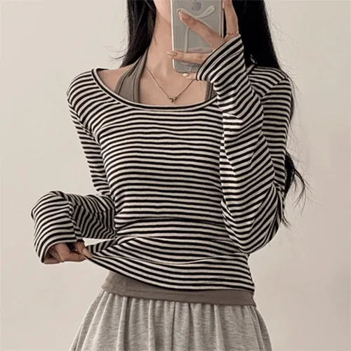 [레이어드/여름긴팔] 파브 홀터나시+단가라 오프숄더 긴팔 티셔츠 셋업 (3color)