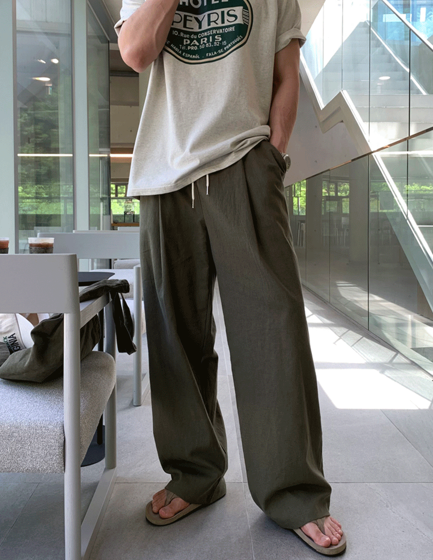 룩 레이플 린넨 원턱 밴딩 와이드 팬츠