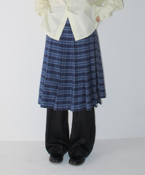 CHECK PLEATED WRAP MIDI SKIRT BLUE