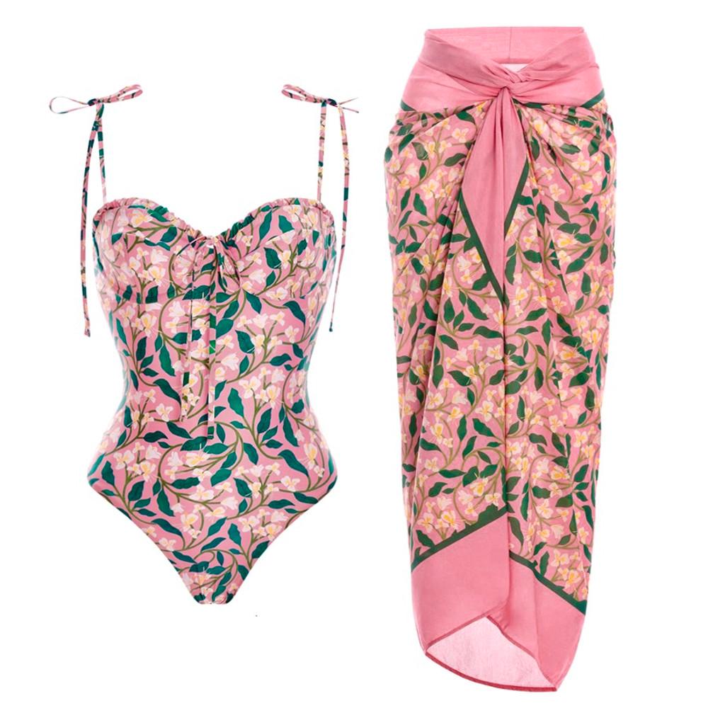 러블리 리본 플라워 모노키니 스카프 커버업세트 호캉스 호텔수영복 바디프로필의상
