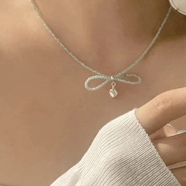 [silver92.5] 민트 비즈 하트펜던트 실버 목걸이 (1color)