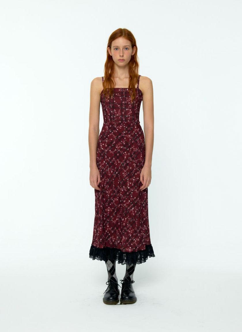 Check Flower Slim Long Dress (Burgundy)