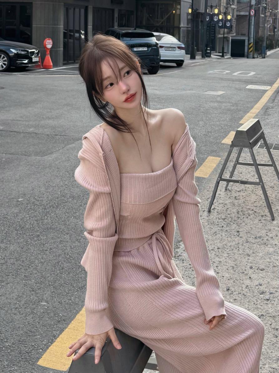 슬림패턴 니트 트레이닝 후드 셋업 (4colors)