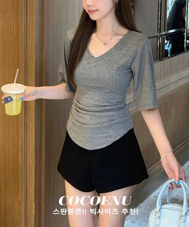 [빅사이즈 55-99까지]셔링반팔스판티 허리셔링 팔뚝커버 여행 캠핑 레이어드 이너티 반소매 개강룩 신학기 출근룩 하객룩