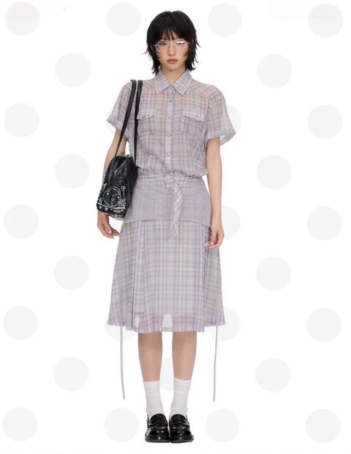 NECY STUDIO 플레드 쉬폰 반팔 셔츠/스커트 (라이트 퍼플)