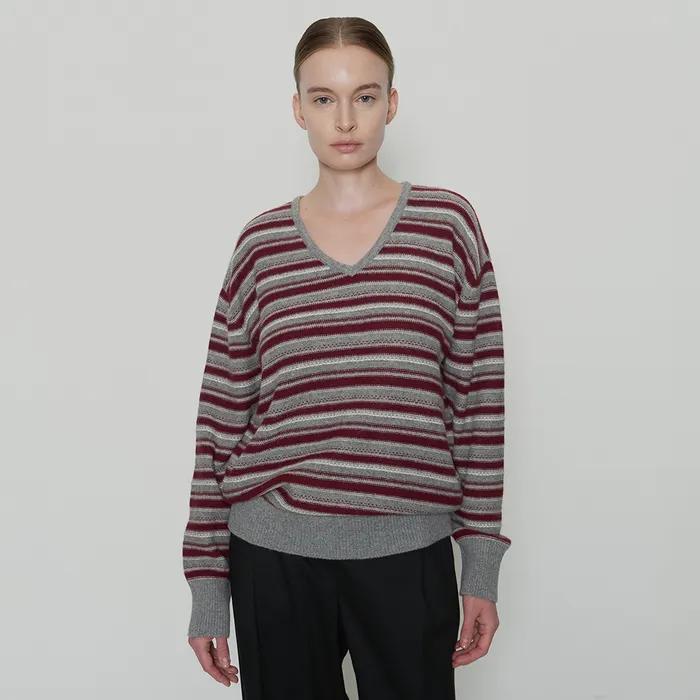 [6th] Oscar Stripe V-Neck Knit - Wine