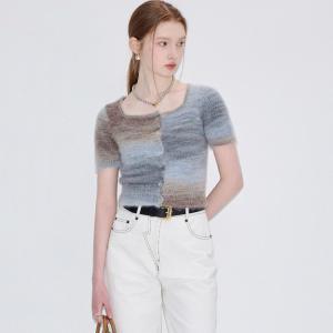 VEGA 그라데이션 꽃 원사 스퀘어 넥 니트 탑 0102