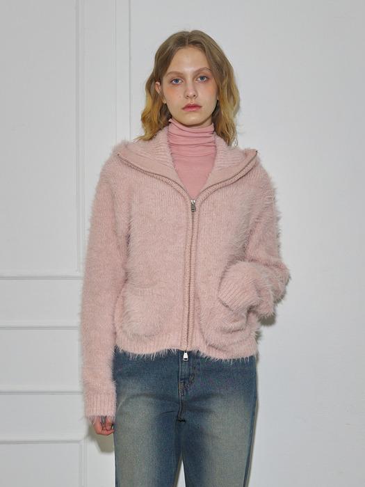 FUR ZIP UP HOODIE(Pink/Ivory)