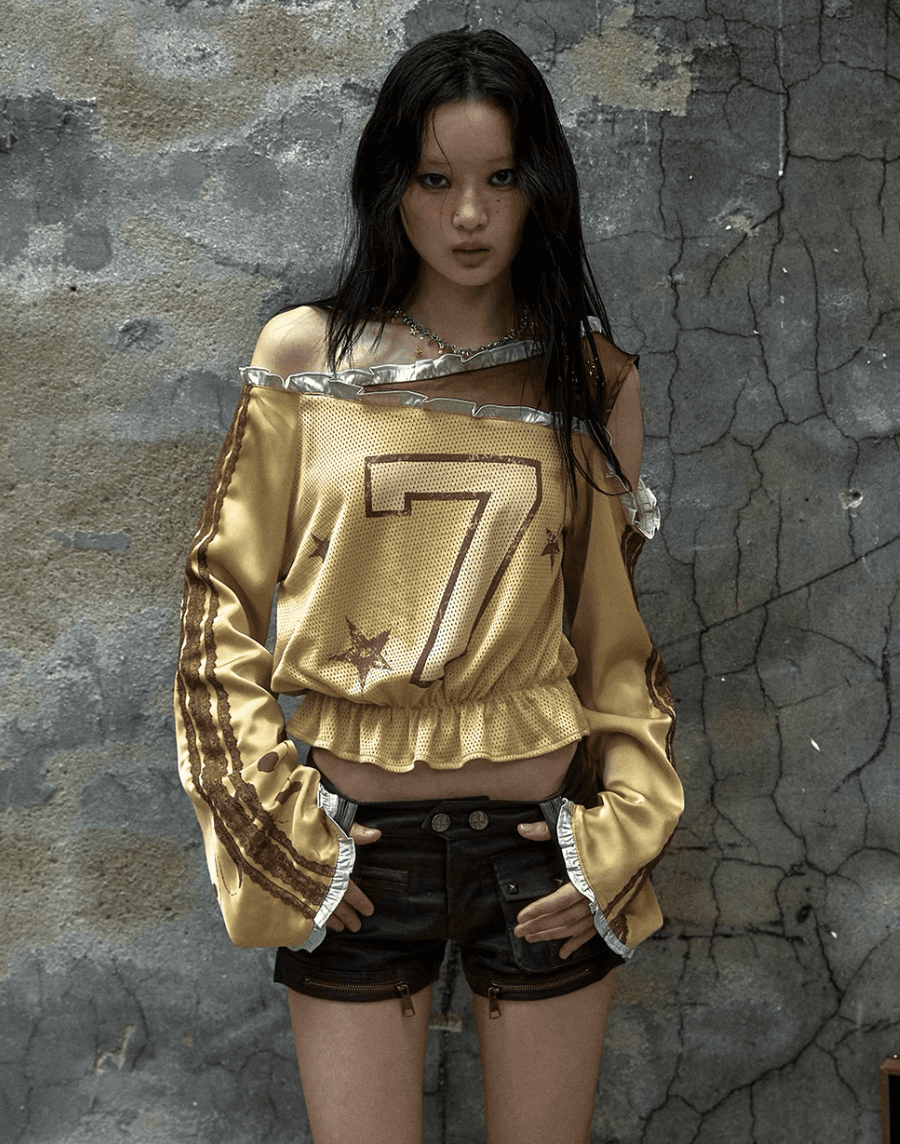 NO ROMANCE 노로맨스 아메리칸 빈티지 스트리트 크래쉬 레이스 저지 크롭 긴팔티셔츠