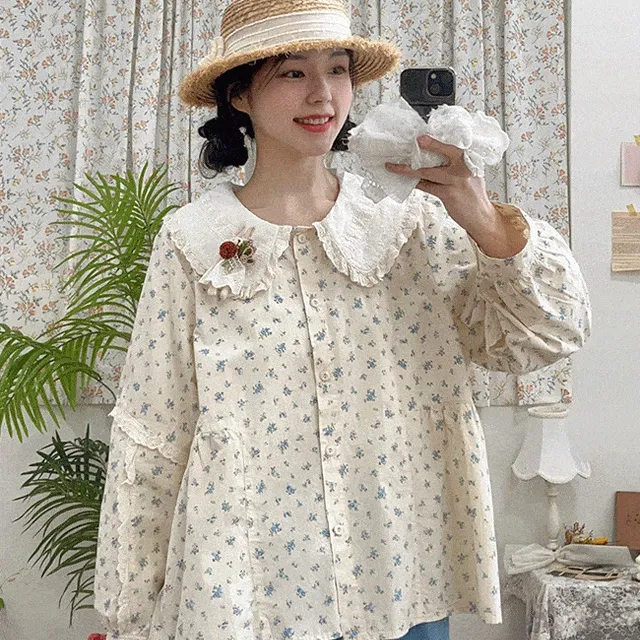 (빅사이즈) 오프닝 플라워 블라우스 자수 빅카라 루즈핏