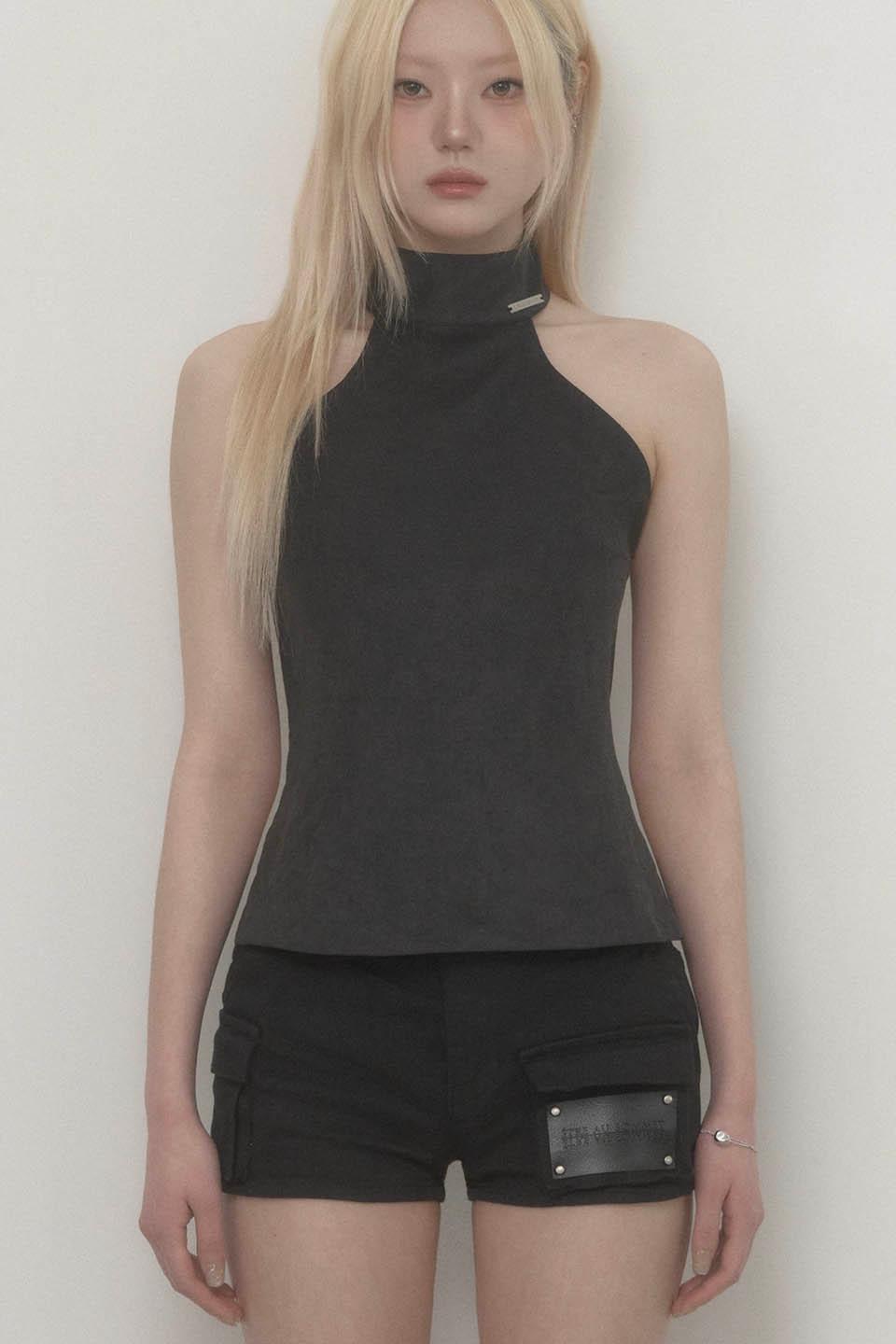 Back Big-belt Halter Top (Black)