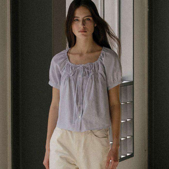 [1차:05/21 예약배송] Shirring ribbon blouse KNSS03BL05_Blue