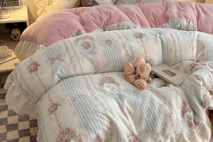 빈티지 플라워 셔링 벨벳 극세사 이불커버 세트