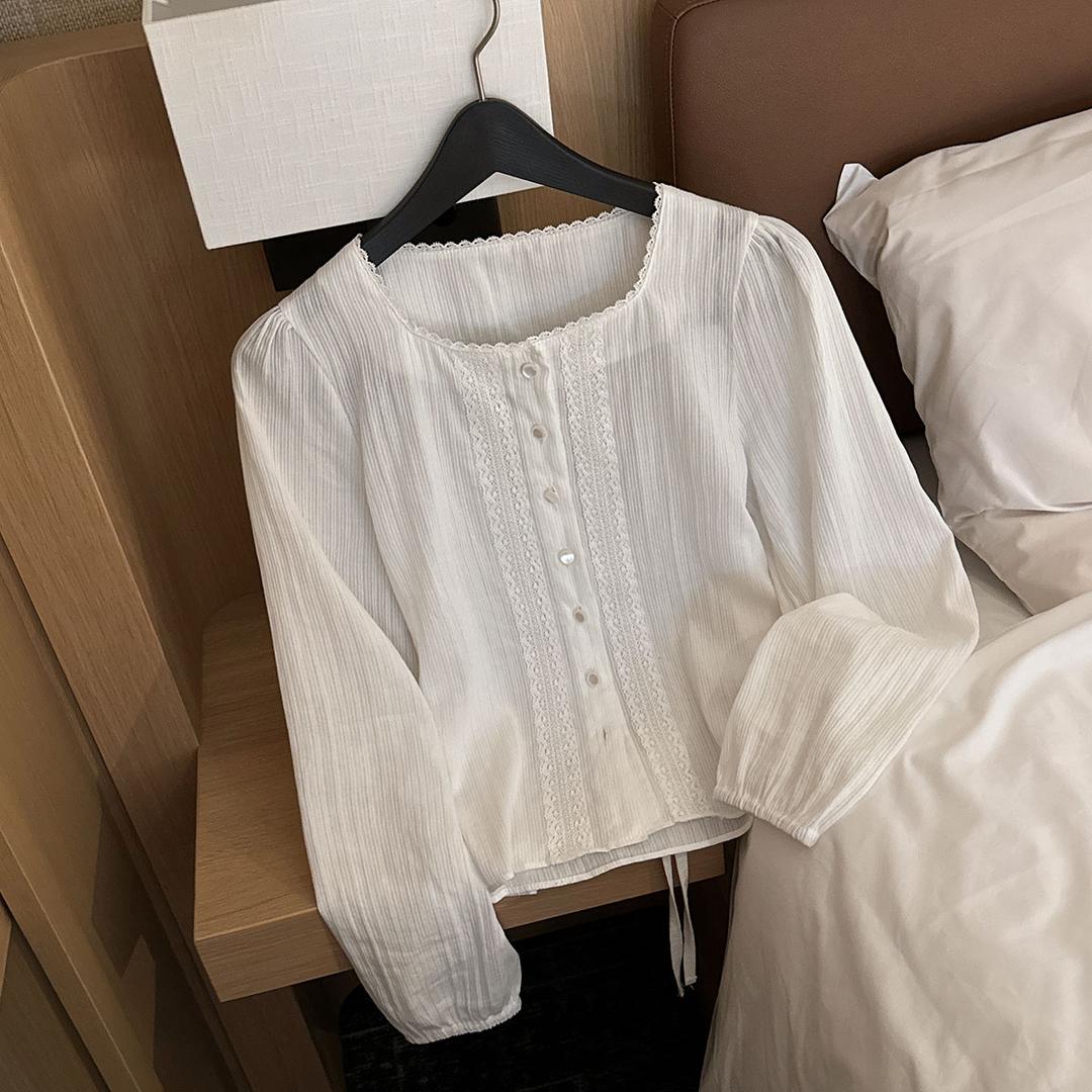 브링잇 [#made] 봄 국화꽃향기 넥파임 적은 스퀘어넥 레이스 허리끈 긴팔 블라우스