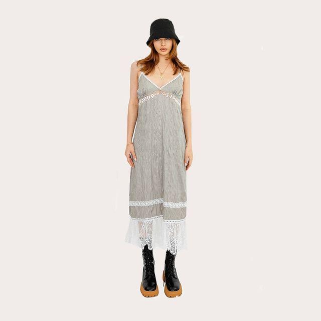 립합 레이스 메쉬 롱 원피스