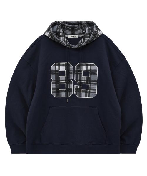 컬러블록 89 로고 체크 후드티셔츠 네이비