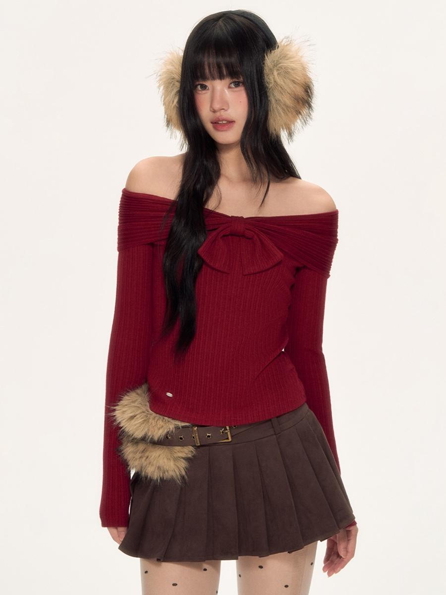 Weekendhub Velvet Bow Off-Shoulder Knit Top