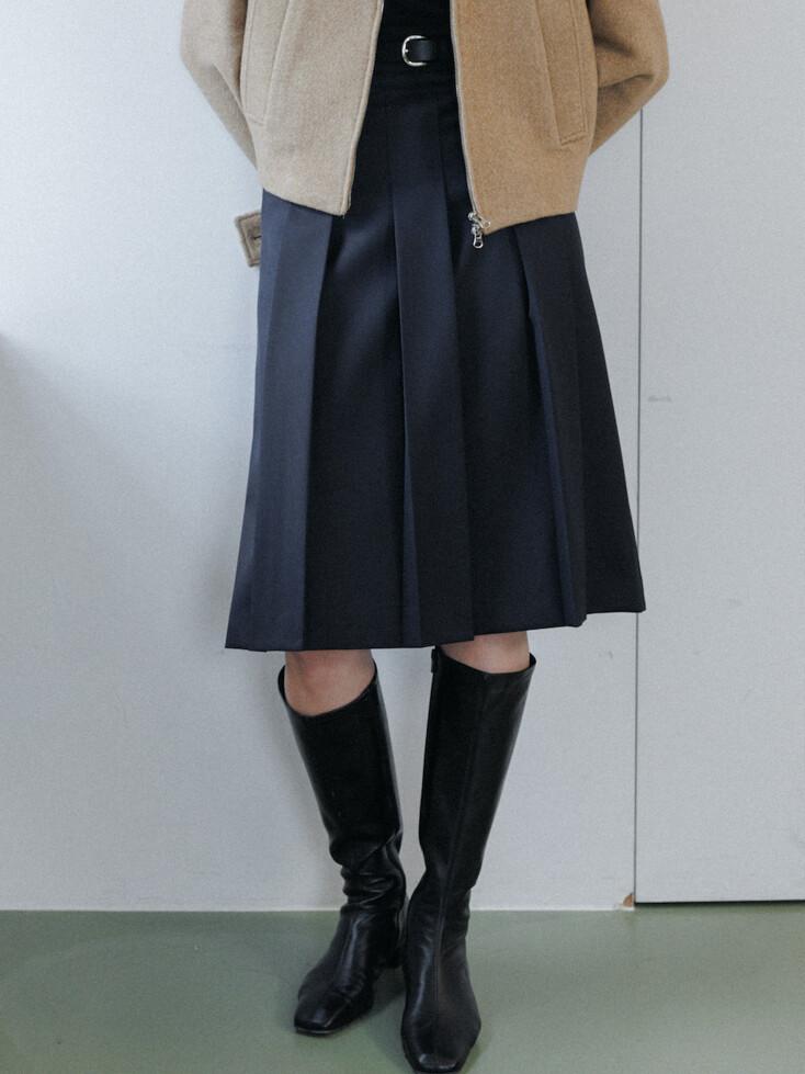 메릴 플리츠 미디 스커트 (NAVY)