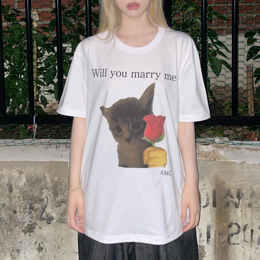 (자체제작) Will you marry me / 고양이 밈 반팔 티셔츠