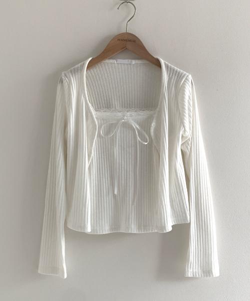 (Vintage)Ribbon Sleeveless Top Cardigan Set(Ivory)