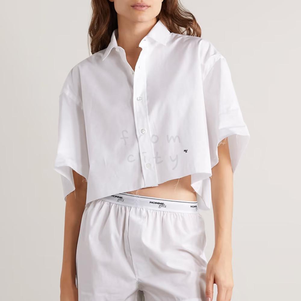 옴므걸스 오버사이즈 크롭 트윌 반팔 셔츠 화이트 Homme girls