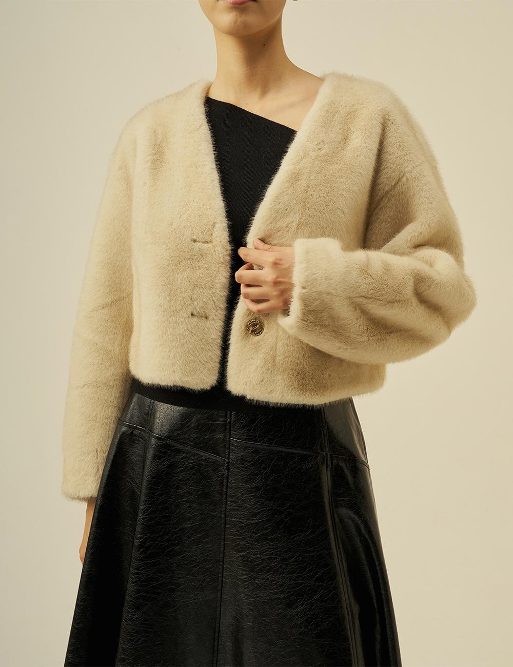 v-neck volume sleeve short artificial fur jacket