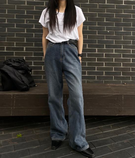 이지 와이드 워싱 데님 팬츠