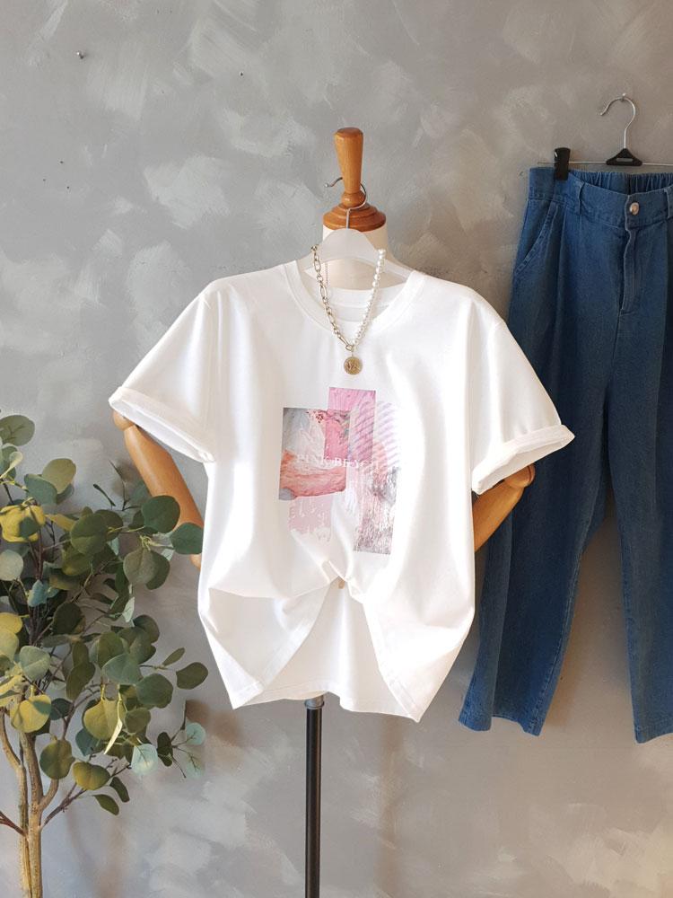 [무료배송] 핑크비치 프린트 스판반팔티