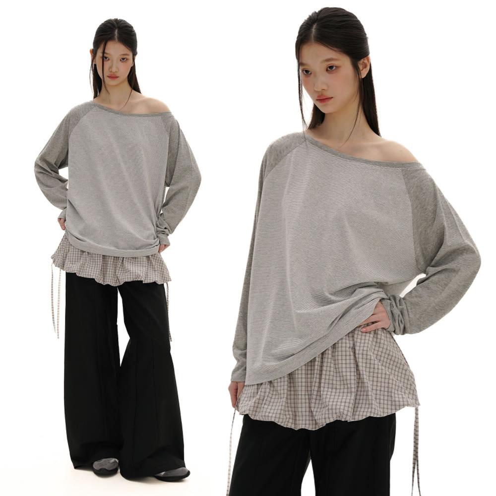 MOROMORO2 모로모로2 티셔츠 캐주얼 베이직 스트라이프 라글런 긴팔 티셔츠 (그레이)