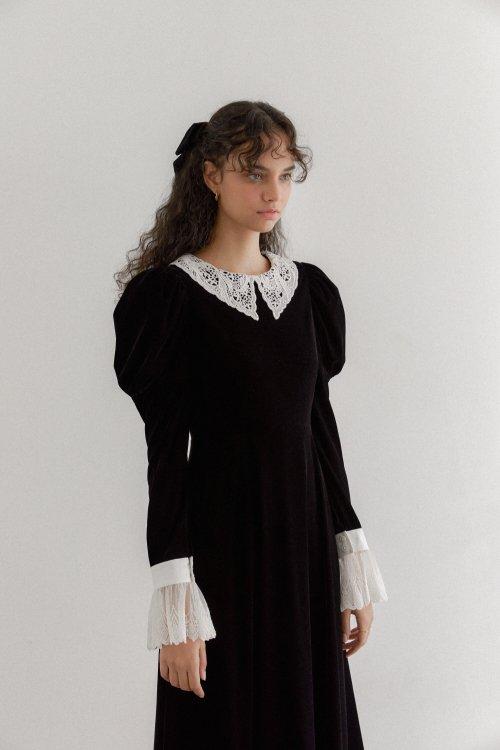 Mutton Sleeve Lace trim Velvet Long Dress