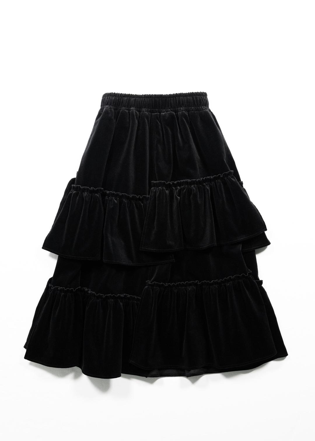 VELVET GATHERED TIERED LONG SKIRT - BLACK