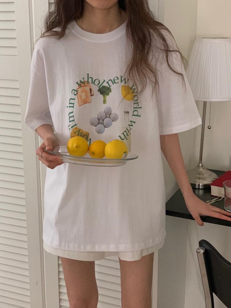 [뮤데이즈] 러블리 야채 하트 레터링 오버핏 박스 반팔티 여름 레이어드 롱티셔츠 루즈핏 66사이즈 77사이즈 화이트