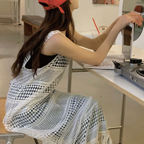 펀칭 니트 그물 나시 롱원피스 레이어드 패턴 민소매 에스닉 테슬 조끼원피스 루즈핏 오버핏 여름 티셔츠