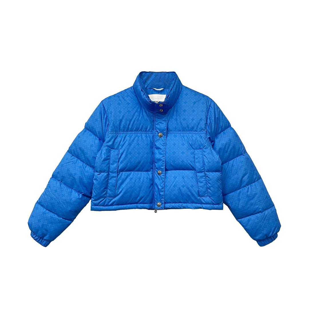 Chrome Hearts Women's Blue Tonal Monogram Cross Pattern Short Puffer Down Jacket