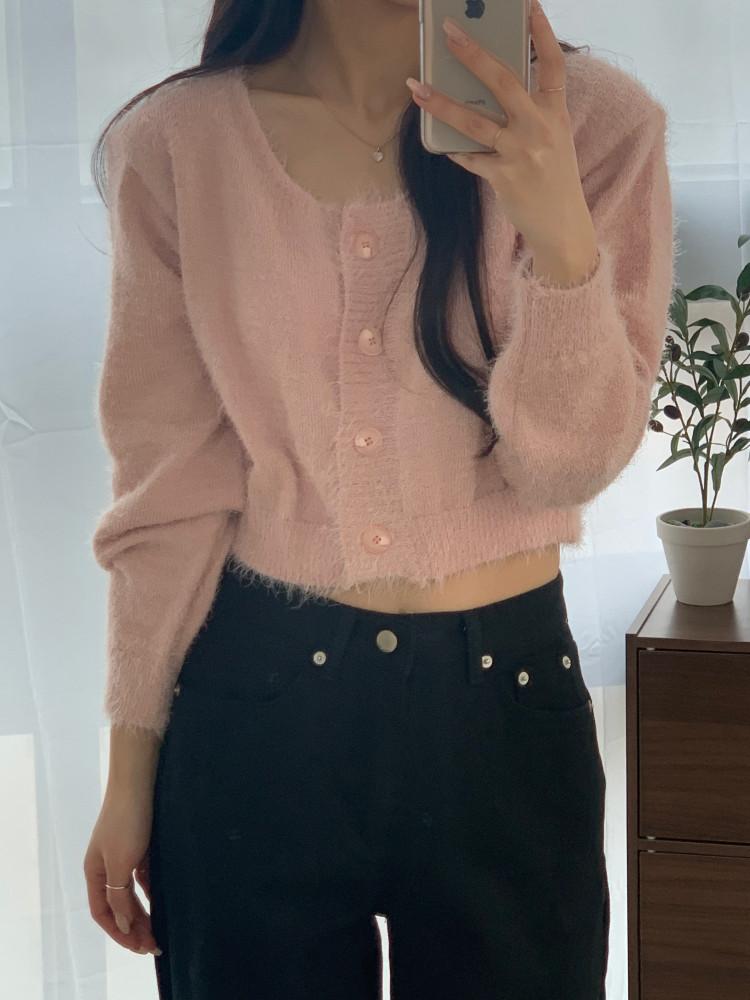 (러블리여리핏) 롤리 복실 세미크롭 가디건 (아이,핑크,소라,블랙)