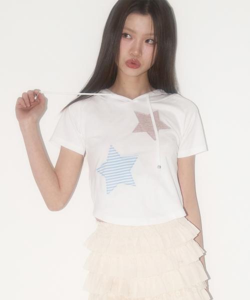 스트라이프 별 패치 후드 티 화이트