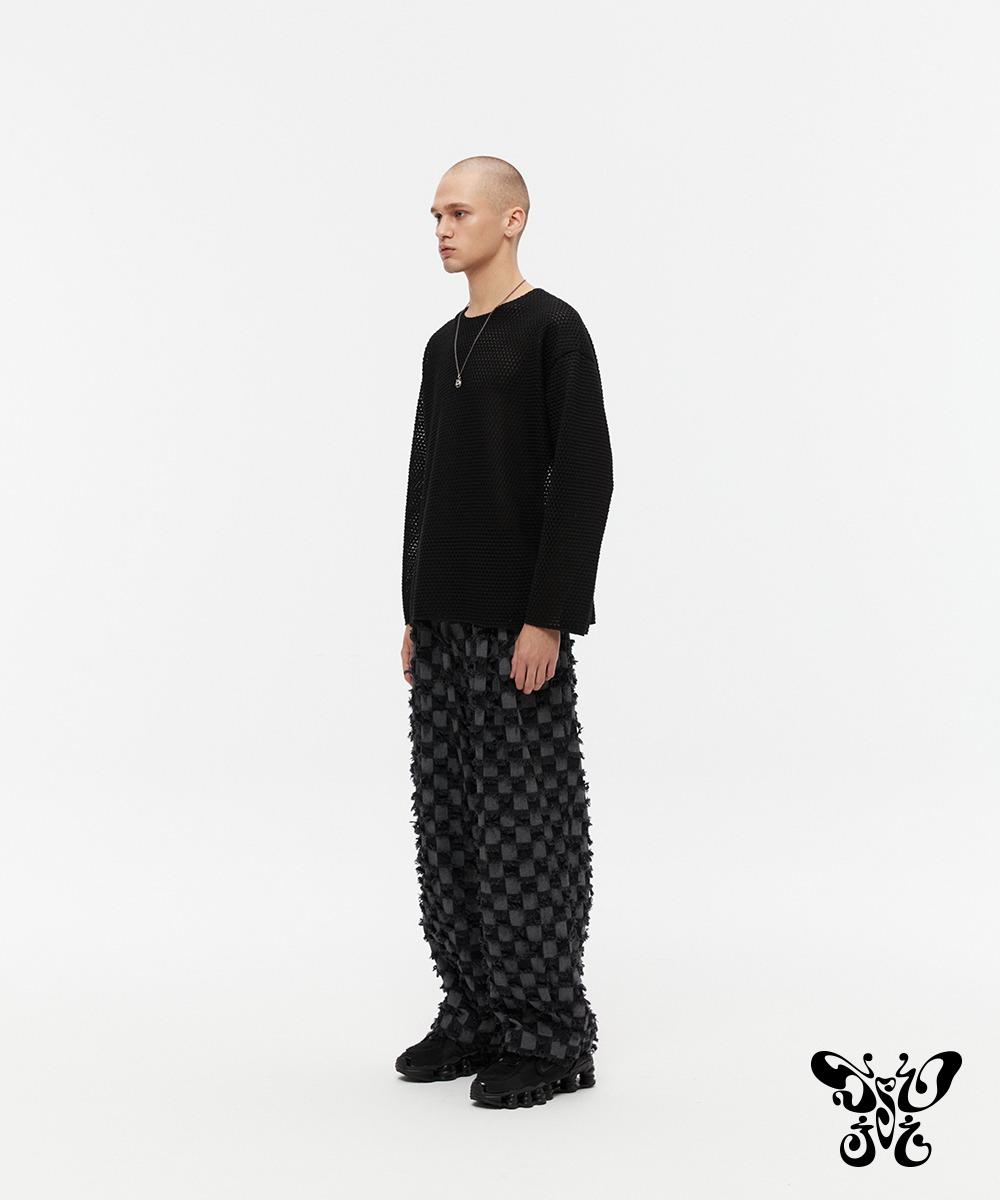 Checker Cutting Semi-Wide Bending Denim (Black)