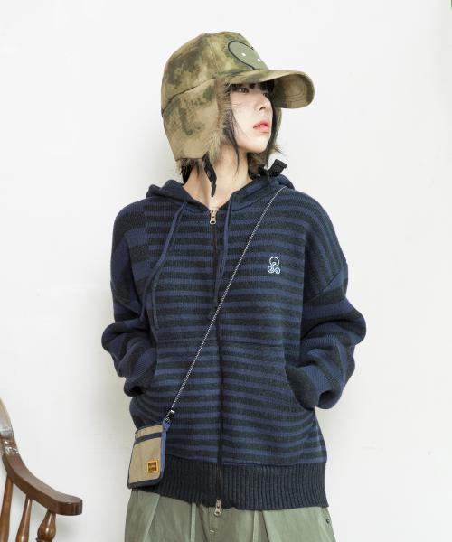 WXK008 언발란스 스트라이프 니트 후드 집업 (NAVY)