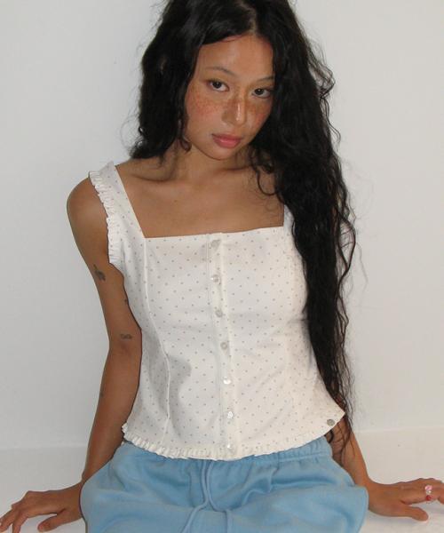 SQUARE NECK FRILL SLEEVELESS BLOUSE WHITE STAR