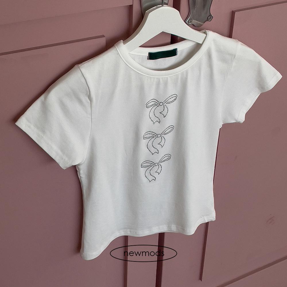 [뉴모즈/세미크롭] 큐빅 리본 반팔티 : 뉴모즈