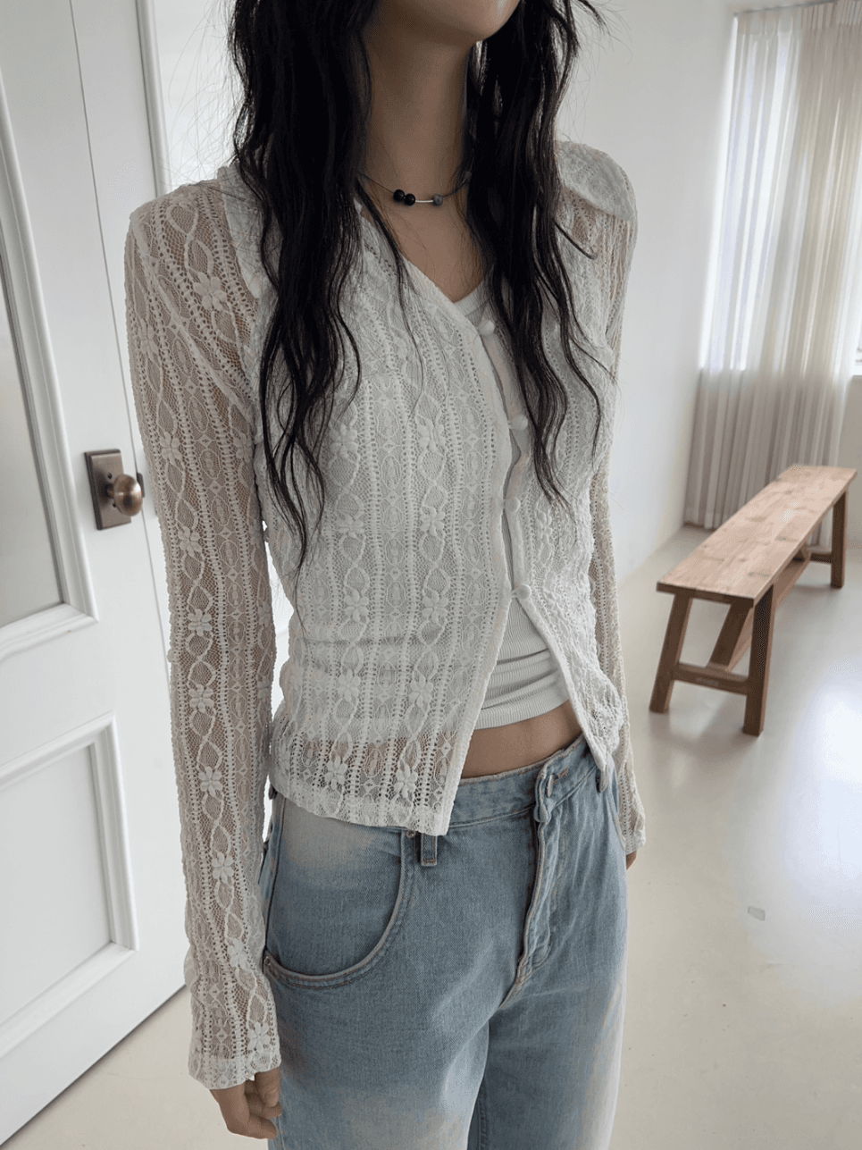 옵텐소 ript lace layered shirt (2color)