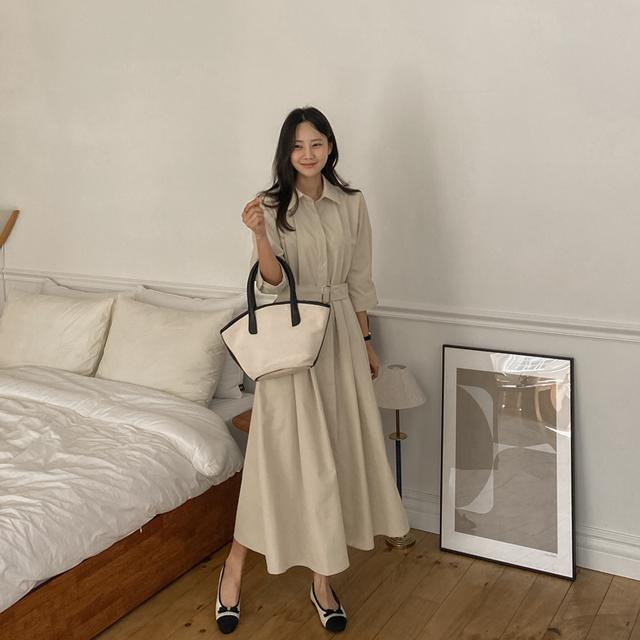 [벨트세트/구김x] 플리츠 셔츠 롱 원피스