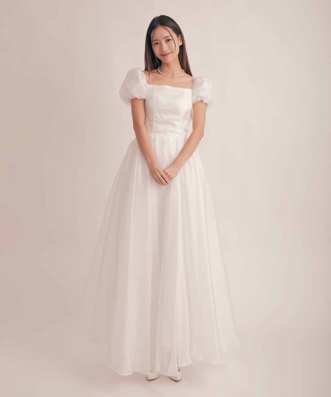 블랑코 셀프웨딩 야외촬영드레스 이브닝 결혼식2부 연주복 오간자 퍼프소매 피로연드레스 LDP93