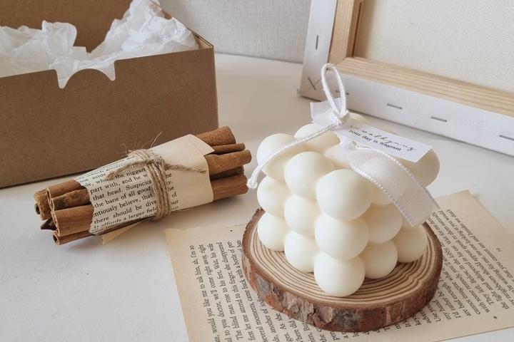 큐브캔들+우드코스터+시나몬스틱 소품 선물 세트 오브제캔들 선물포장