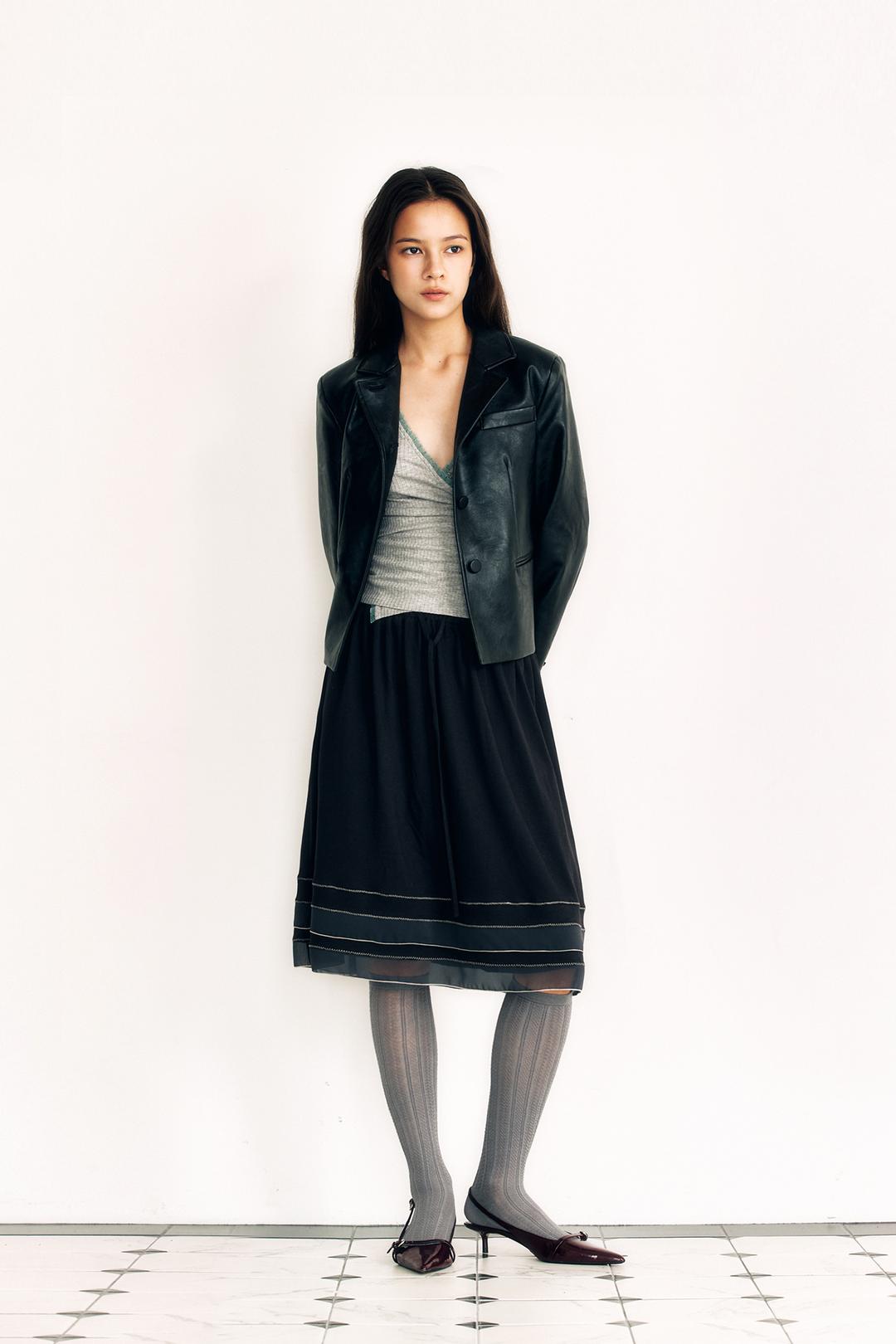 쉬폰 러플 미디 스커트