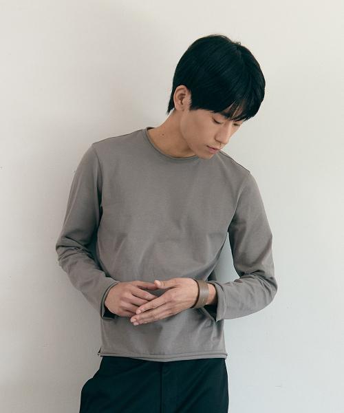 Raw edge long sleeve khaki grey