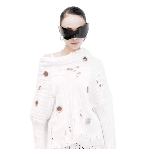 [WRKHLC] COWL NECK DAMAGED KNIT IN WHITE